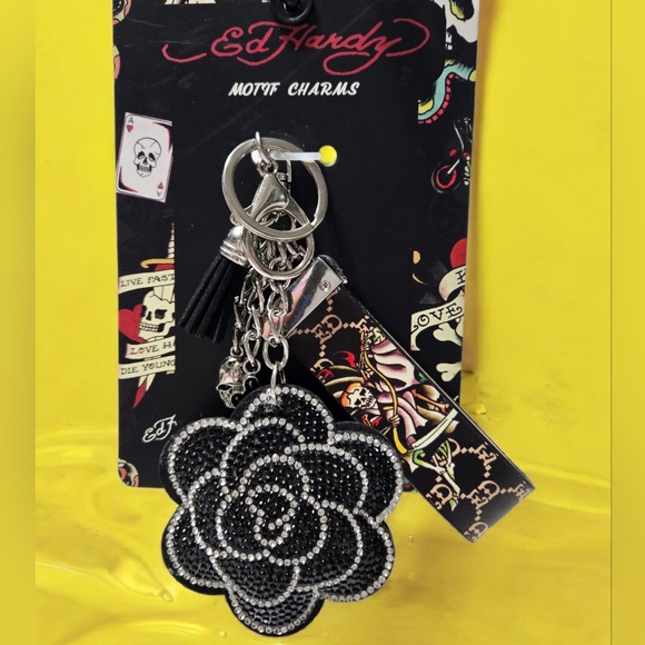 NEW Ed Hardy Black and White Rose Motif Bag Charms Or Keychain NWT - Picture 1 of 3